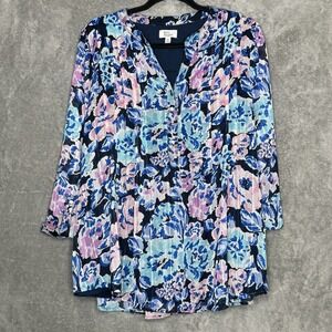 Kim Rogers XXL 2X Shirt Top Blue Purple Flower Floral Faux Tab 3/4 Sleeve V Neck